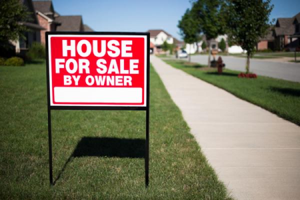 A for sale sign sits on a front lawn in a suburban setting